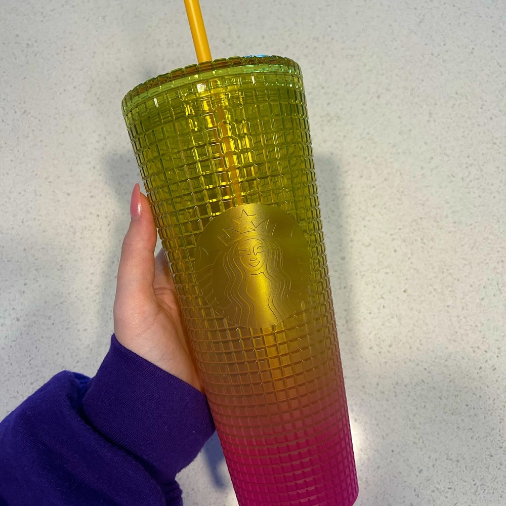 Starbucks tumbler cup - pink and yellow grid with yellow straw summer 2022 24oz